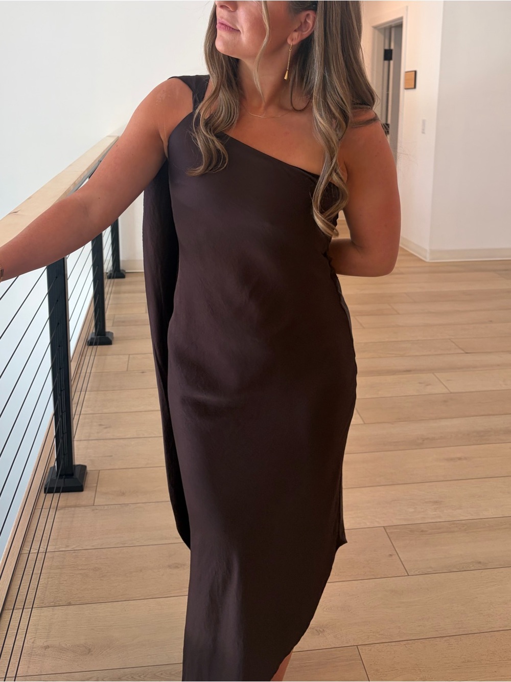 Mango One-Shoulder Dark Brown Draped Dress - Picture 6 of 7